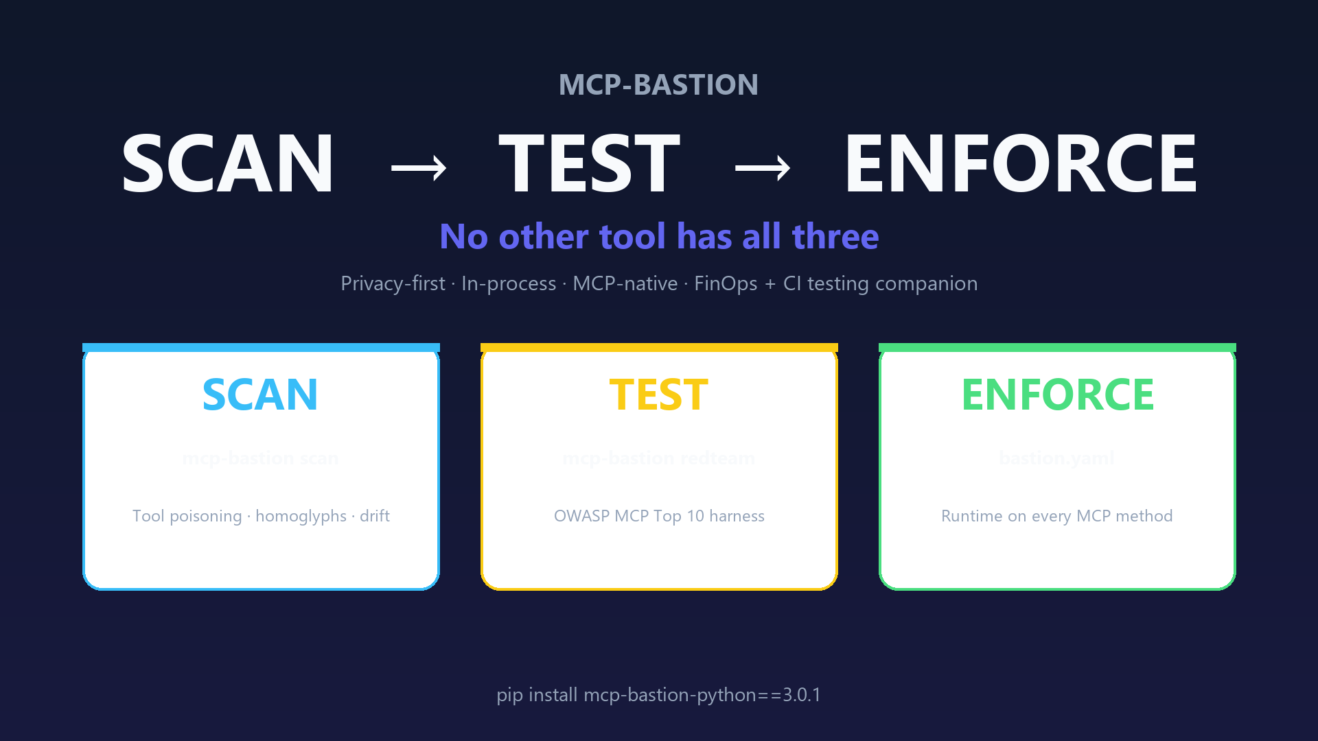 SCAN → TEST → ENFORCE — No other tool has all three